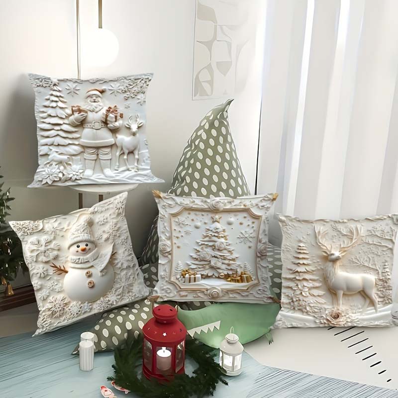 Feestelijke Kussenhoezen Set van 4 – Kerstmotieven met Gestructureerd Design voor Woonkamer & Slaapkamer | Zachte Polyester Sierkussens 45×45 cm voor Winter en Kerst | Sansoti
