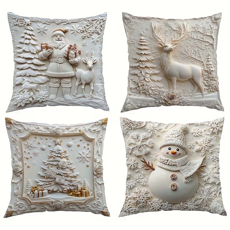 Feestelijke Kussenhoezen Set van 4 – Kerstmotieven met Gestructureerd Design voor Woonkamer & Slaapkamer | Zachte Polyester Sierkussens 45×45 cm voor Winter en Kerst | Sansoti