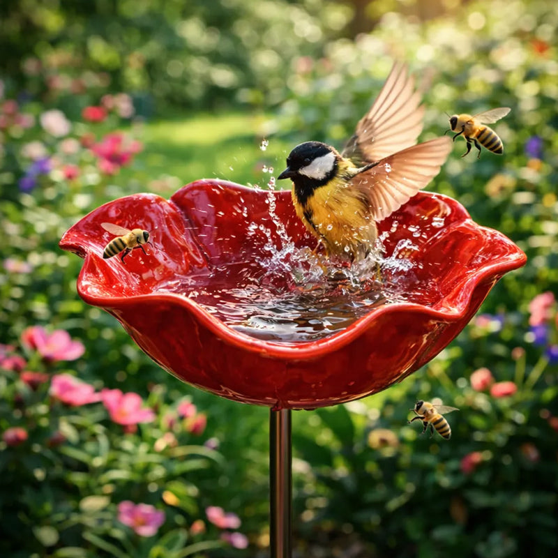 Decoratieve Metalen Tuinsteker met Vogelbad 60cm – Bloemvormig Waterstation voor Vogels en Insecten in 7 Kleuren | Sansoti