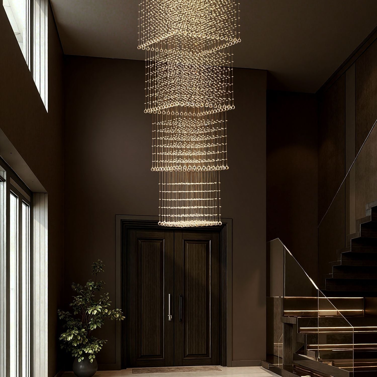 Kristall-Kronleuchter Quadratisch Treppe Wohnzimmer Regentropfen Chrom GU10 Modern Luxus | Restfield