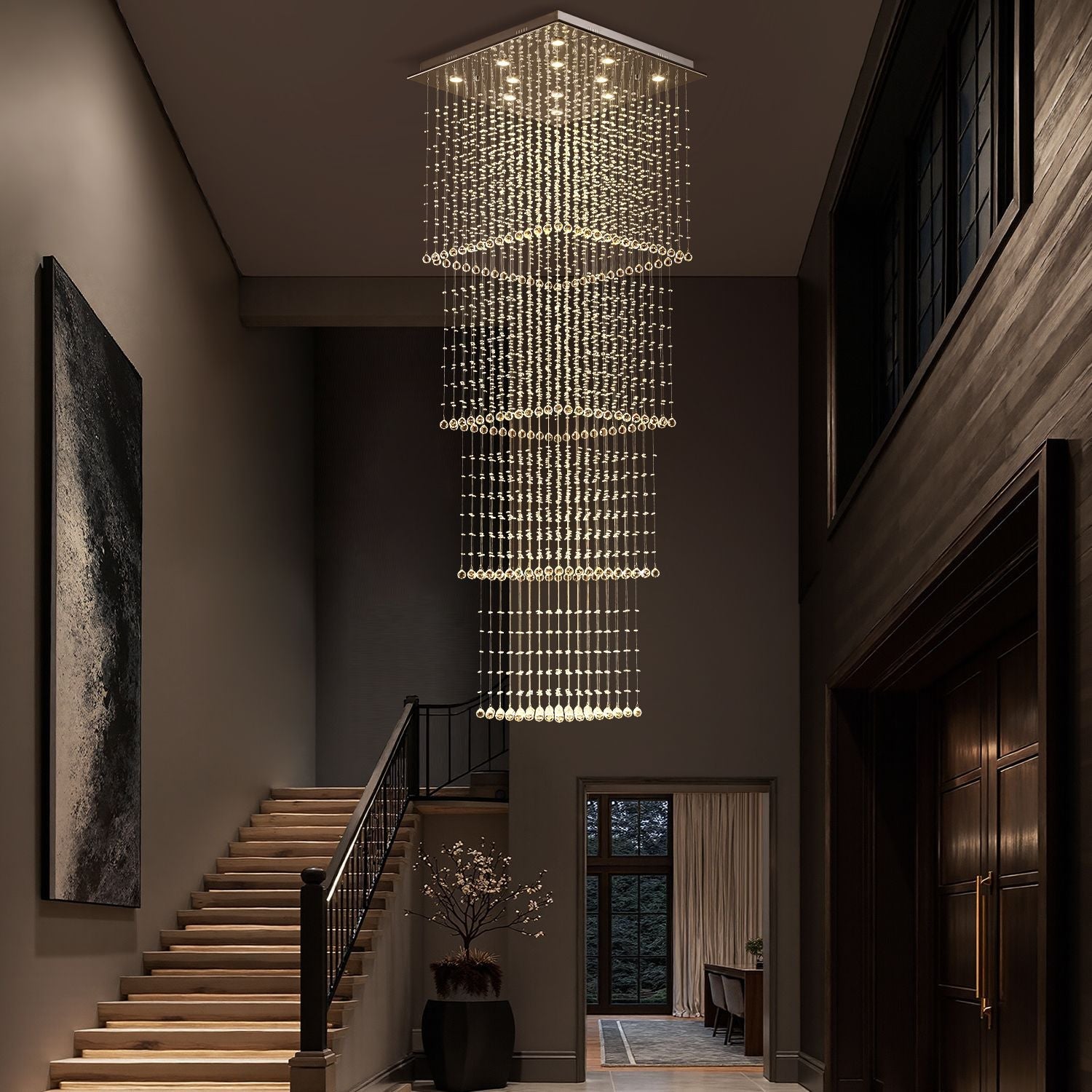 Kristall-Kronleuchter Quadratisch Treppe Wohnzimmer Regentropfen Chrom GU10 Modern Luxus | Restfield