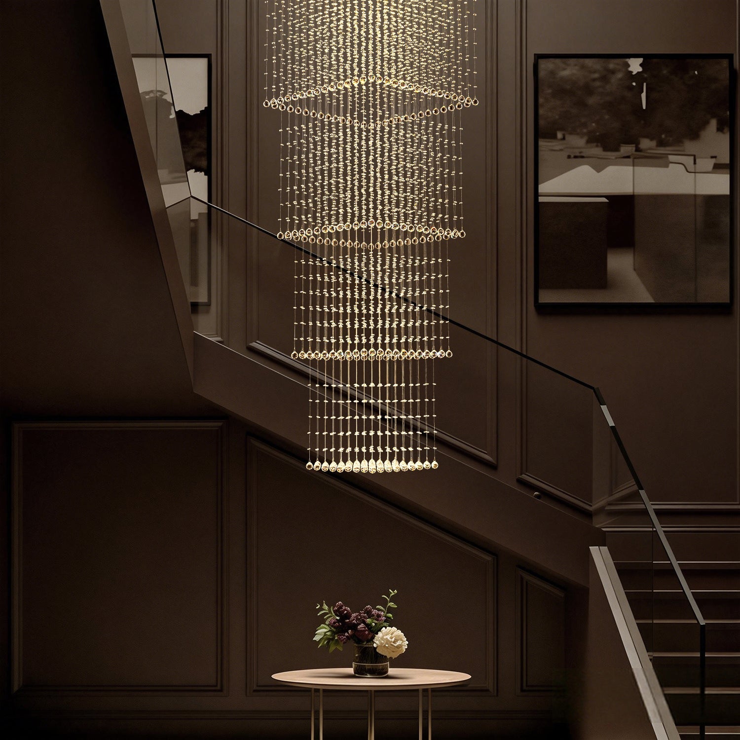 Kristall-Kronleuchter Quadratisch Treppe Wohnzimmer Regentropfen Chrom GU10 Modern Luxus | Restfield