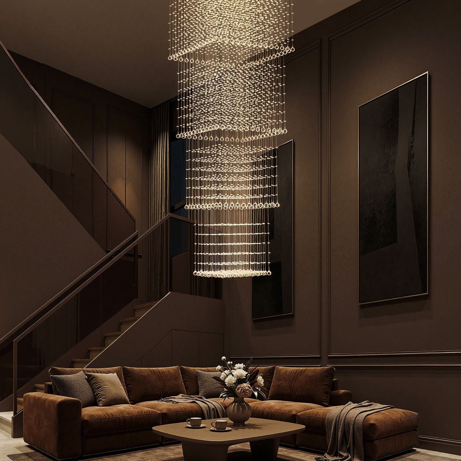 Kristall-Kronleuchter Quadratisch Treppe Wohnzimmer Regentropfen Chrom GU10 Modern Luxus | Restfield