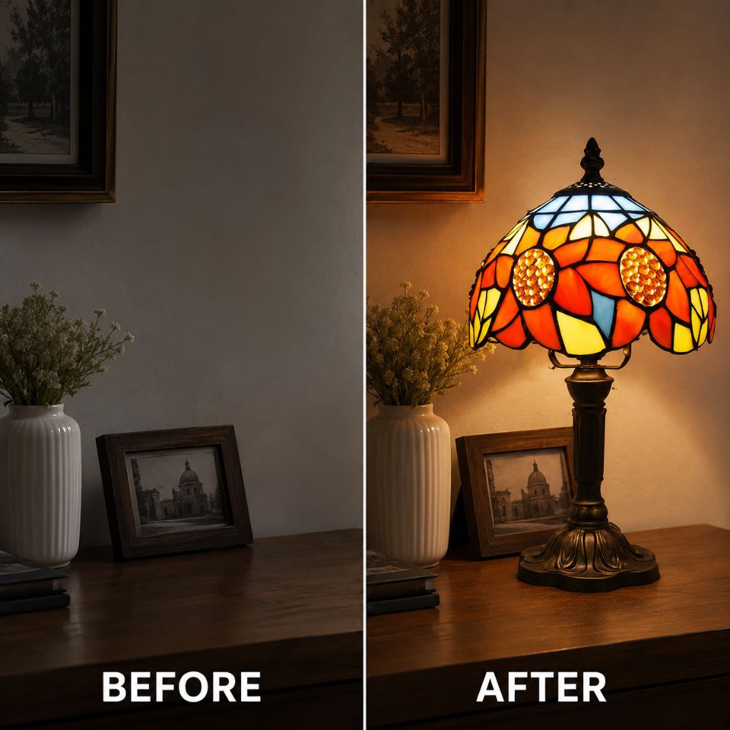 Tiffany Tafellamp met Glas-in-Lood Kap Verstelbaar Leeslamp Bureaulamp Scandinavisch Design Sfeerlicht | Sansoti