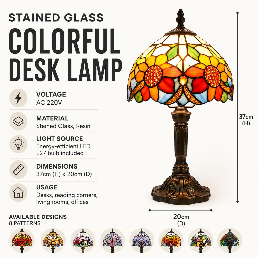 Tiffany Tafellamp met Glas-in-Lood Kap Verstelbaar Leeslamp Bureaulamp Scandinavisch Design Sfeerlicht | Sansoti