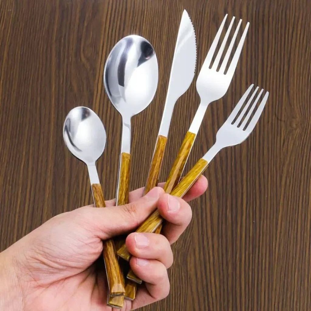 Bestekset 30-delig met Houtlook Handgrepen Goud Zilver RVS voor 6 Personen Vaatwasmachinebestendig Duurzaam | Sansoti