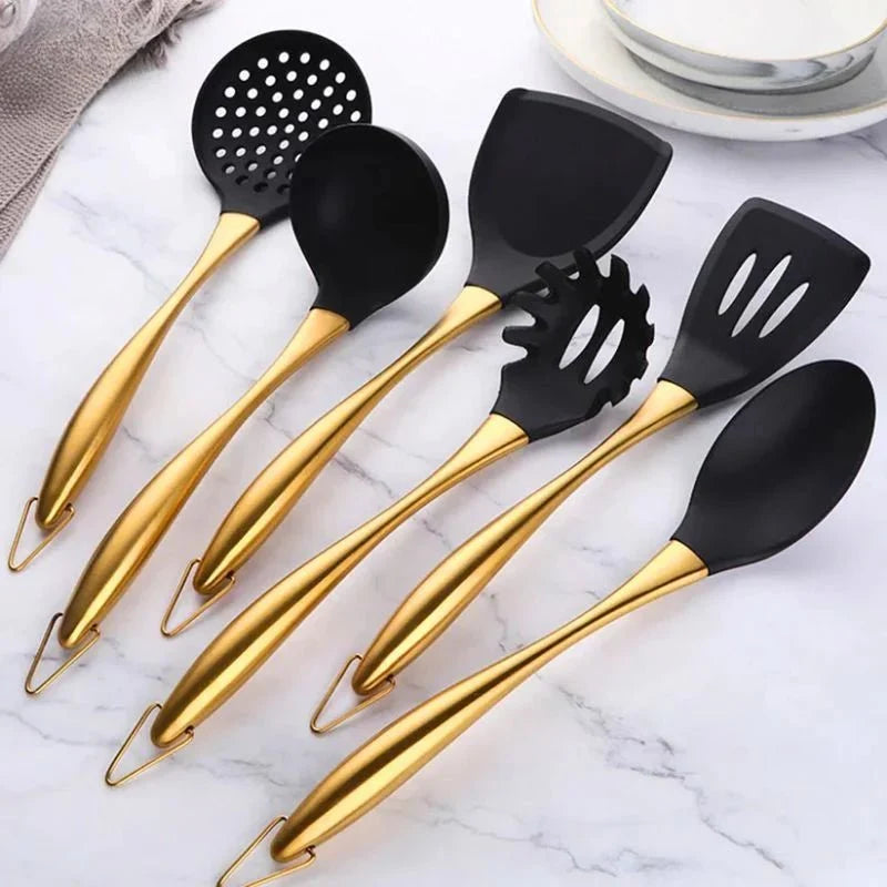 6-teiliges Küchenutensilien-Set aus Edelstahl, antihaftbeschichtet, Silber, Gold, Roségold, ergonomische Griffe, Kochlöffel, Pfannenwender, Küchenutensilien | Sansoti