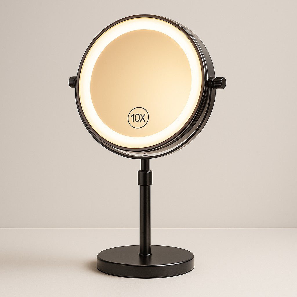Stand-Schminkspiegel mit LED, verstellbar, 10-fache Vergrößerung, 3 Lichtmodi, aufladbar, 42–50 cm Höhe, Badezimmer | Sansoti
