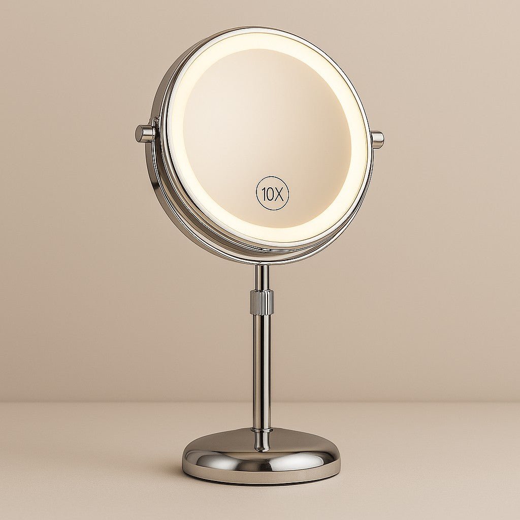 Stand-Schminkspiegel mit LED, verstellbar, 10-fache Vergrößerung, 3 Lichtmodi, aufladbar, 42–50 cm Höhe, Badezimmer | Sansoti