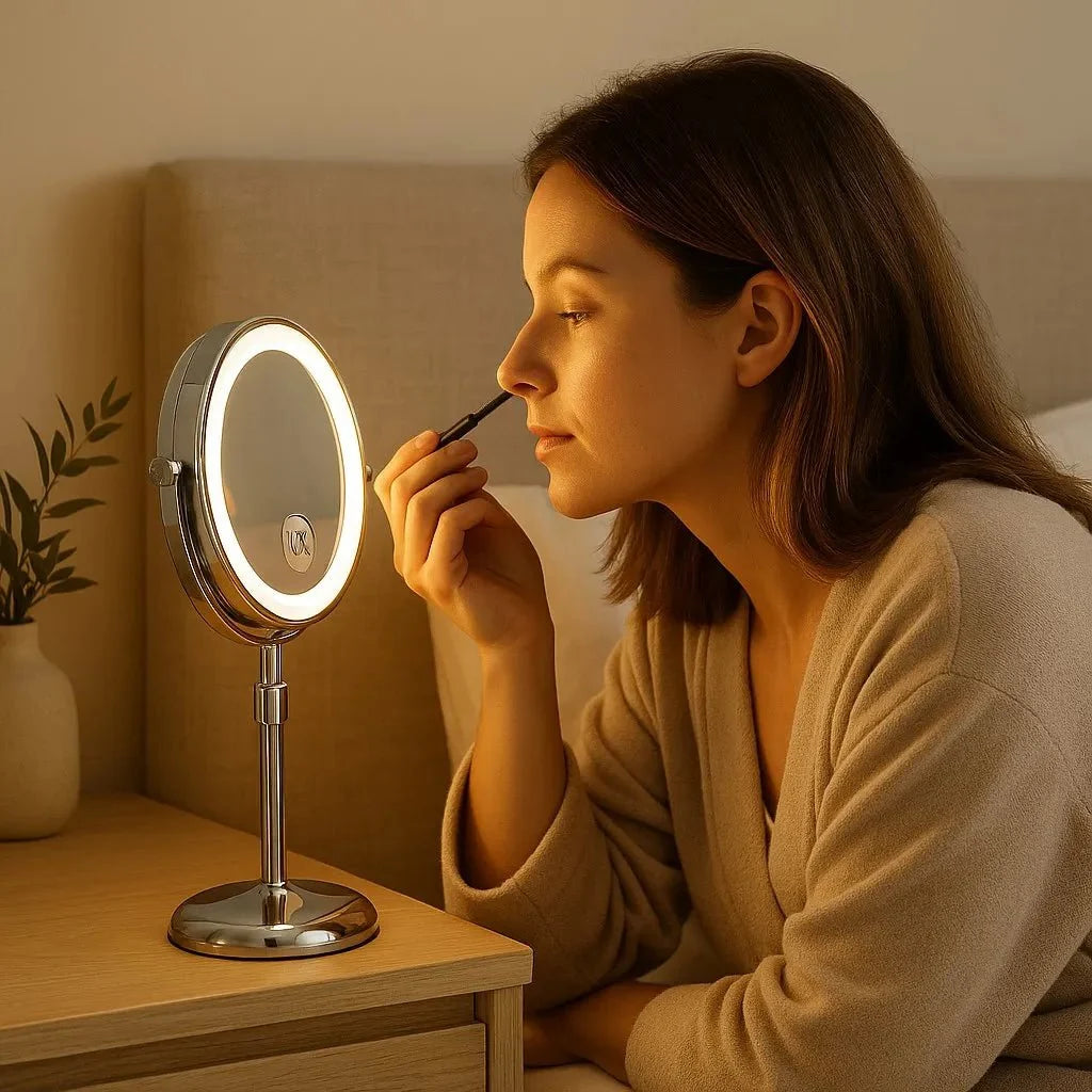 Stand-Schminkspiegel mit LED, verstellbar, 10-fache Vergrößerung, 3 Lichtmodi, aufladbar, 42–50 cm Höhe, Badezimmer | Sansoti
