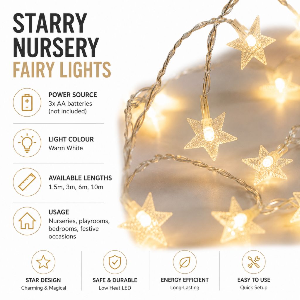 Guirlande lumineuse LED féerique à piles, blanc chaud, pour chambre d’enfant et de bébé, éclairage d’ambiance, décoration, étoiles et veilleuse | Sansoti