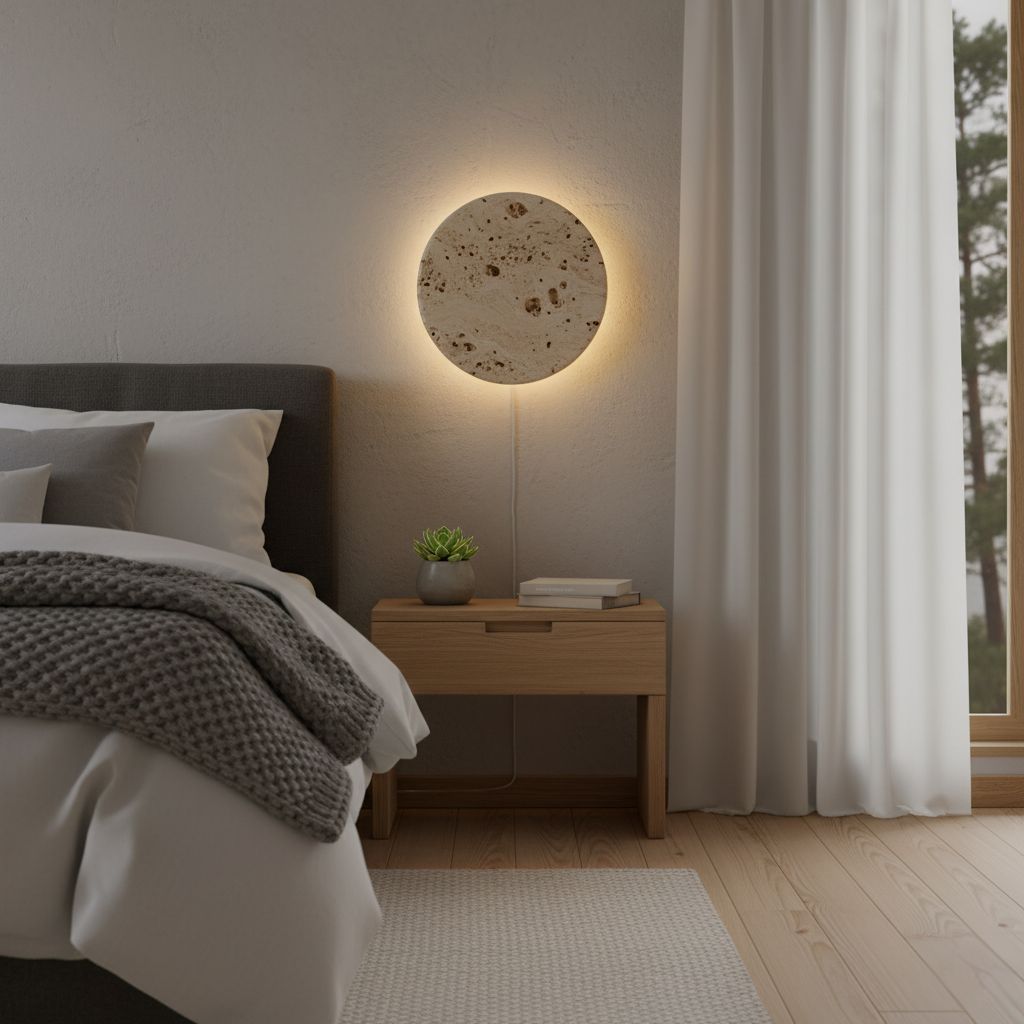 Okrągła lampa ścienna z kamienia naturalnego trawertynu LED 20–30 cm Ciepłe, neutralne lub chłodne światło Nastrojowe nowoczesne oświetlenie ścienne | Sansoti