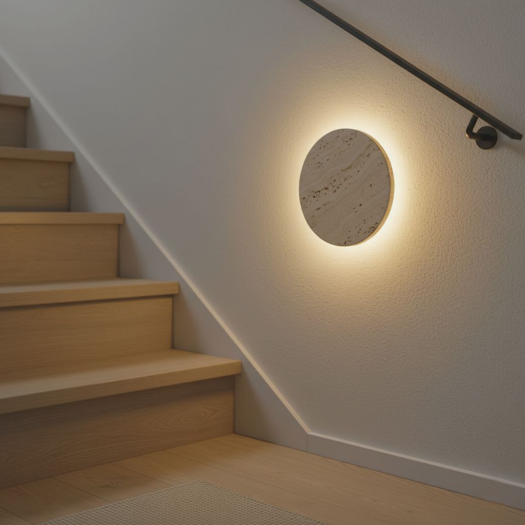 Okrągła lampa ścienna z kamienia naturalnego trawertynu LED 20–30 cm Ciepłe, neutralne lub chłodne światło Nastrojowe nowoczesne oświetlenie ścienne | Sansoti