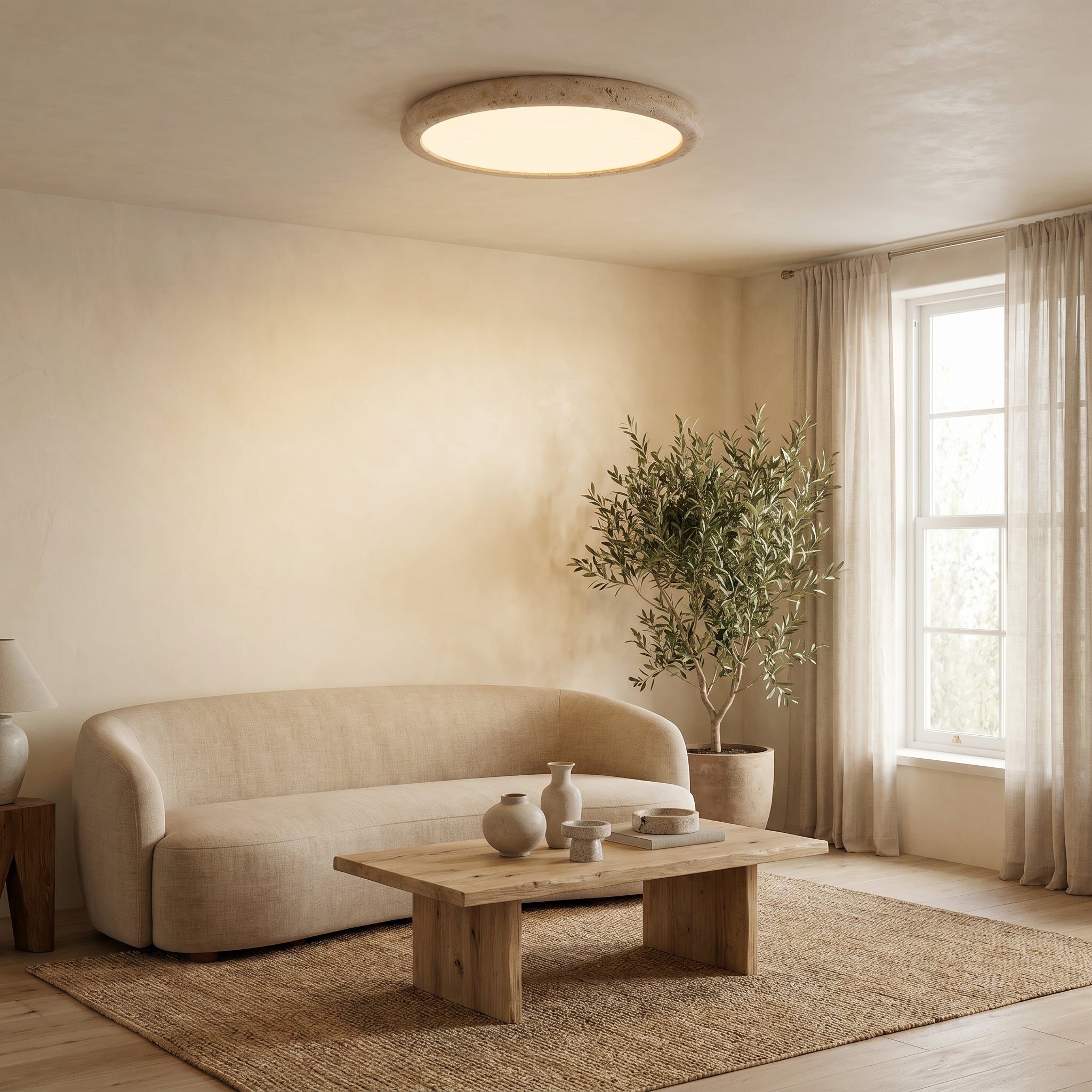 Plafonnier en travertin, pierre naturelle, rond, lumière chaude, design scandinave pour le salon et la chambre, 38-58 cm | Sansoti