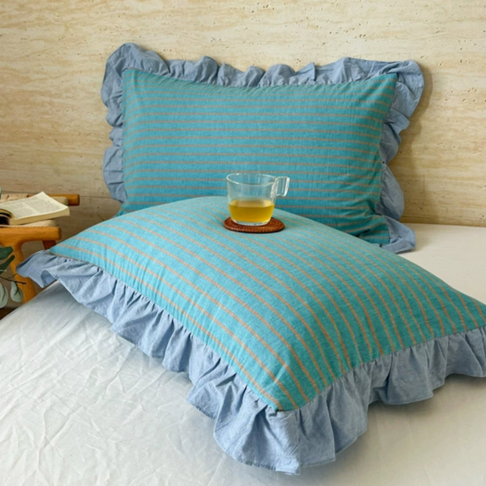 Ruffled Pillowcases with Striped Pattern for Queen-Size Pillows, Romantic Bedroom Bedding Decoration | Sansoti