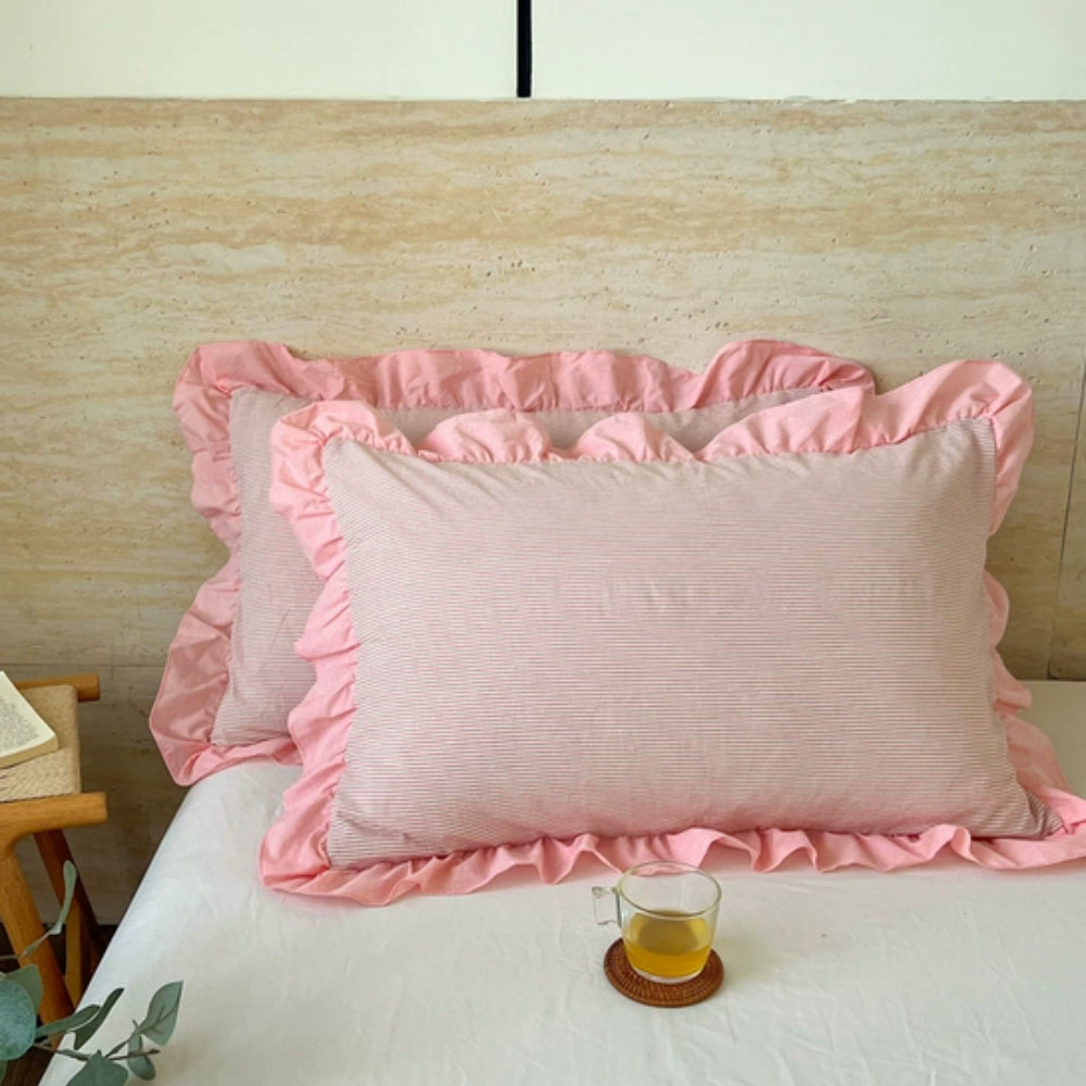 Ruffled Pillowcases with Striped Pattern for Queen-Size Pillows, Romantic Bedroom Bedding Decoration | Sansoti