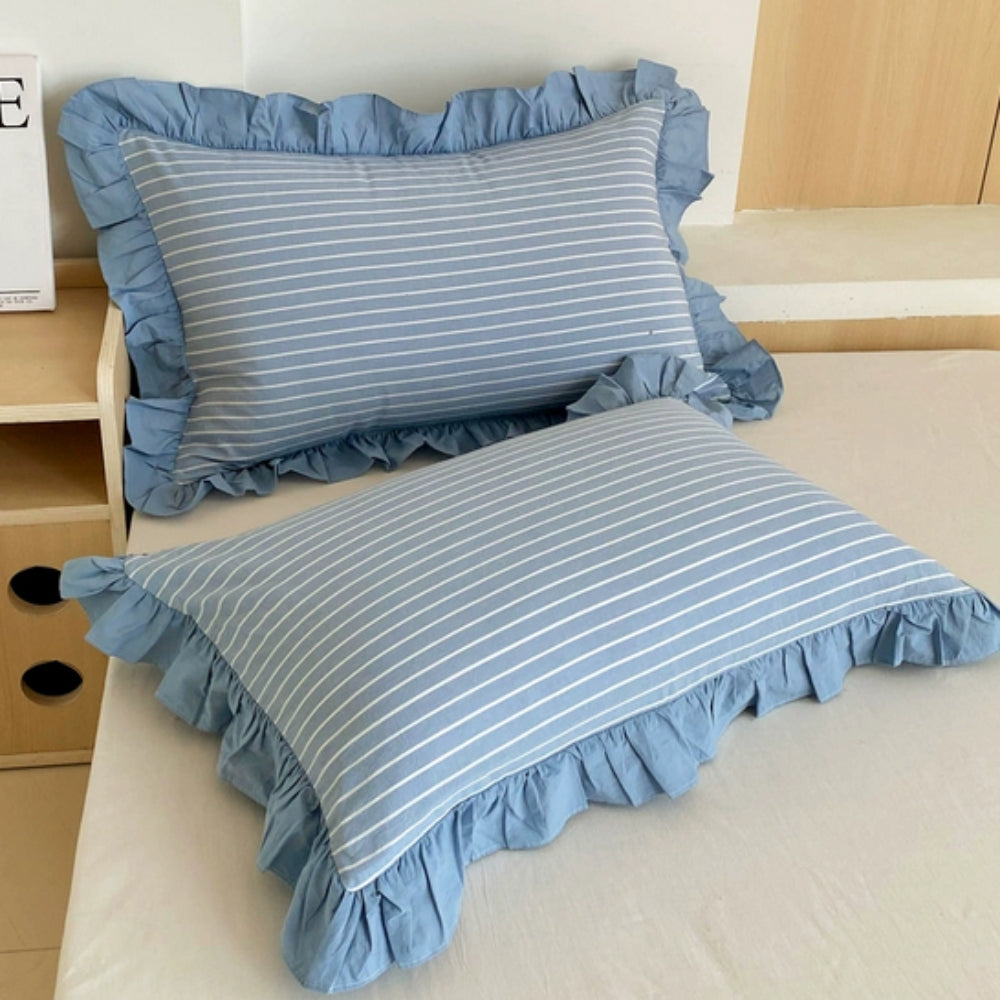Ruffled Pillowcases with Striped Pattern for Queen-Size Pillows, Romantic Bedroom Bedding Decoration | Sansoti
