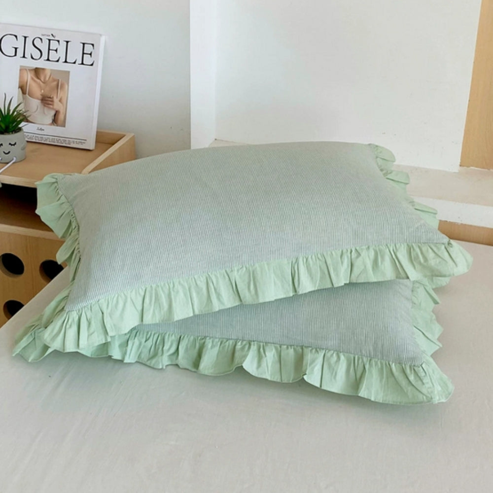 Ruffled Pillowcases with Striped Pattern for Queen-Size Pillows, Romantic Bedroom Bedding Decoration | Sansoti