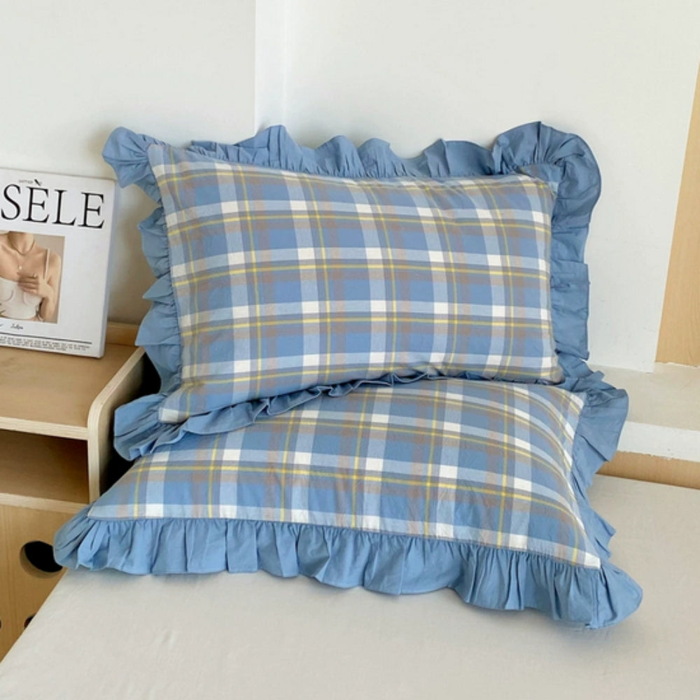 Ruffled Pillowcases with Striped Pattern for Queen-Size Pillows, Romantic Bedroom Bedding Decoration | Sansoti