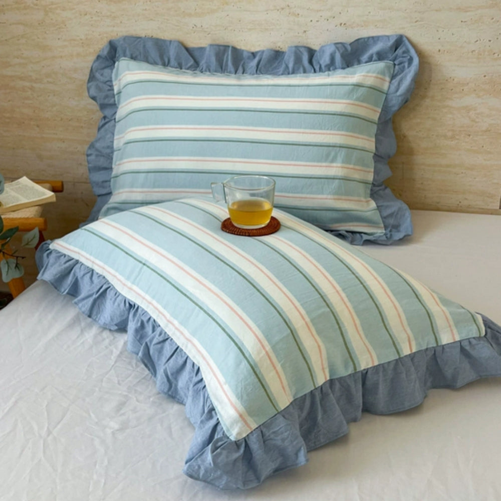 Ruffled Pillowcases with Striped Pattern for Queen-Size Pillows, Romantic Bedroom Bedding Decoration | Sansoti