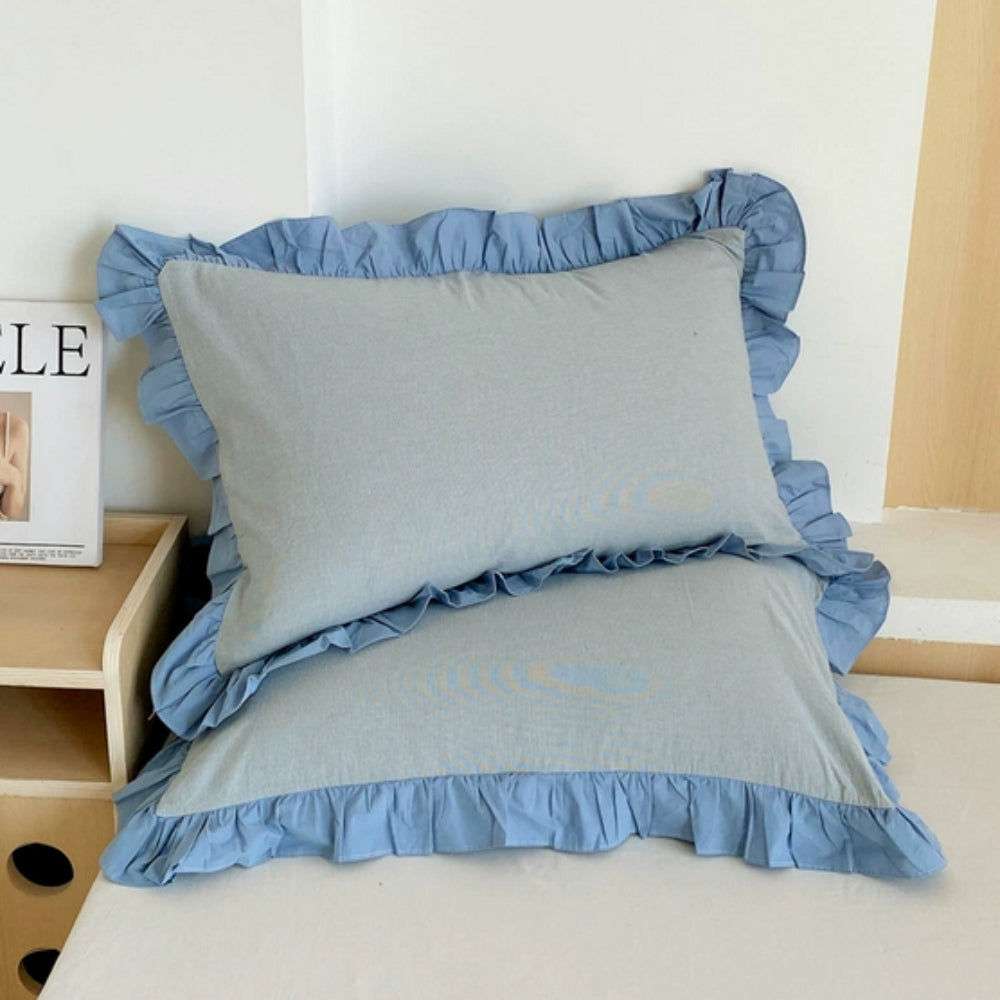 Ruffled Pillowcases with Striped Pattern for Queen-Size Pillows, Romantic Bedroom Bedding Decoration | Sansoti