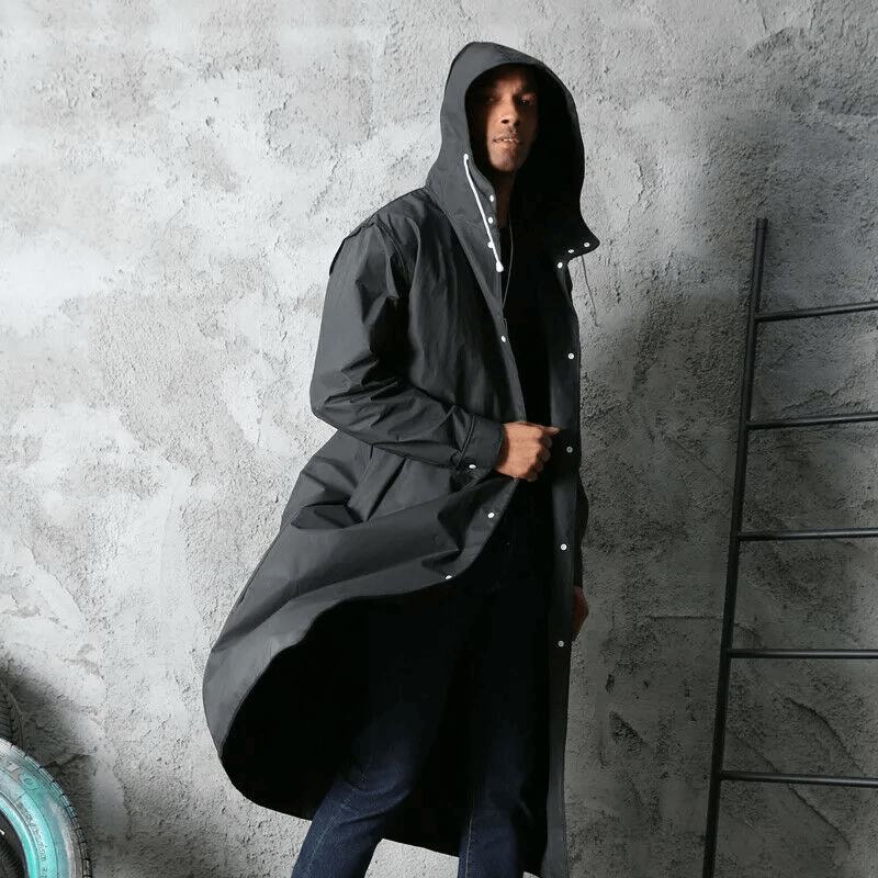 Long Black Waterproof Raincoat, Water-Repellent EVA, Foldable, Lightweight, Reusable, Unisex Outdoor Rainwear | Sansoti
