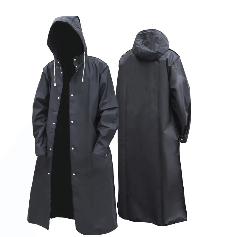 Long Black Waterproof Raincoat, Water-Repellent EVA, Foldable, Lightweight, Reusable, Unisex Outdoor Rainwear | Sansoti