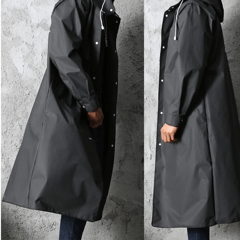 Long Black Waterproof Raincoat, Water-Repellent EVA, Foldable, Lightweight, Reusable, Unisex Outdoor Rainwear | Sansoti