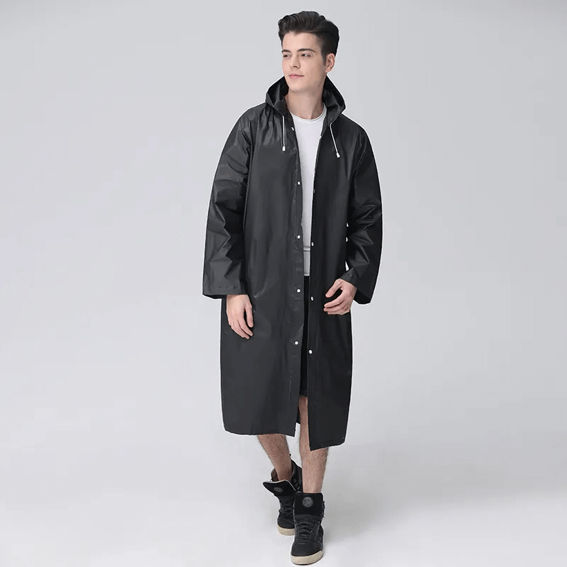 Long Black Waterproof Raincoat, Water-Repellent EVA, Foldable, Lightweight, Reusable, Unisex Outdoor Rainwear | Sansoti