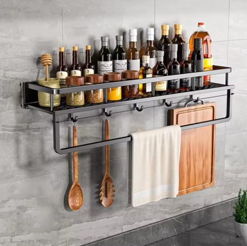 Étagère murale cuisine métal avec porte-serviettes 30-50cm organisateur mural | Restfield