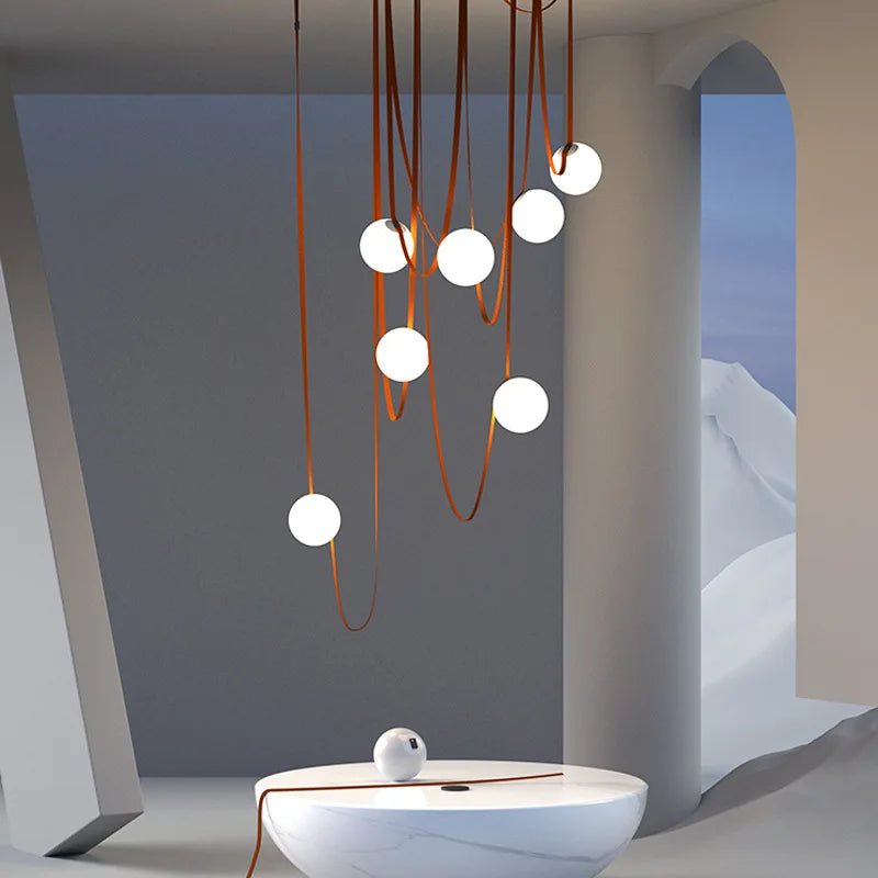 Hanglamp Leren Kabel Glazen Bol E27 Cognac Bruin Woonkamer Eetkamer Hal Postmodern Design 1 3 5 7 Bollen | Sansoti