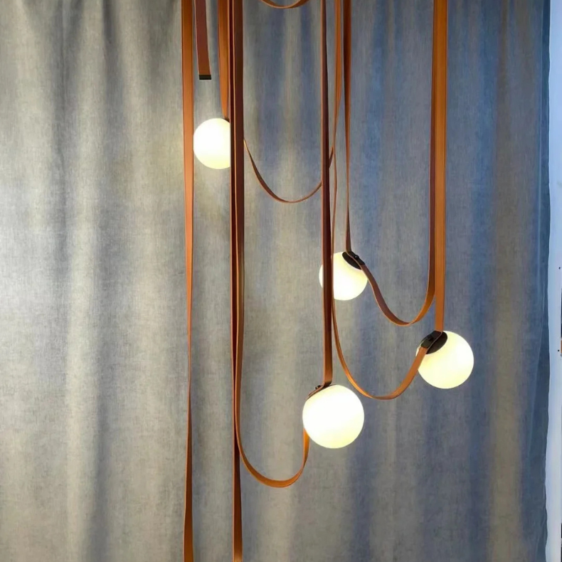 Hanglamp Leren Kabel Glazen Bol E27 Cognac Bruin Woonkamer Eetkamer Hal Postmodern Design 1 3 5 7 Bollen | Sansoti