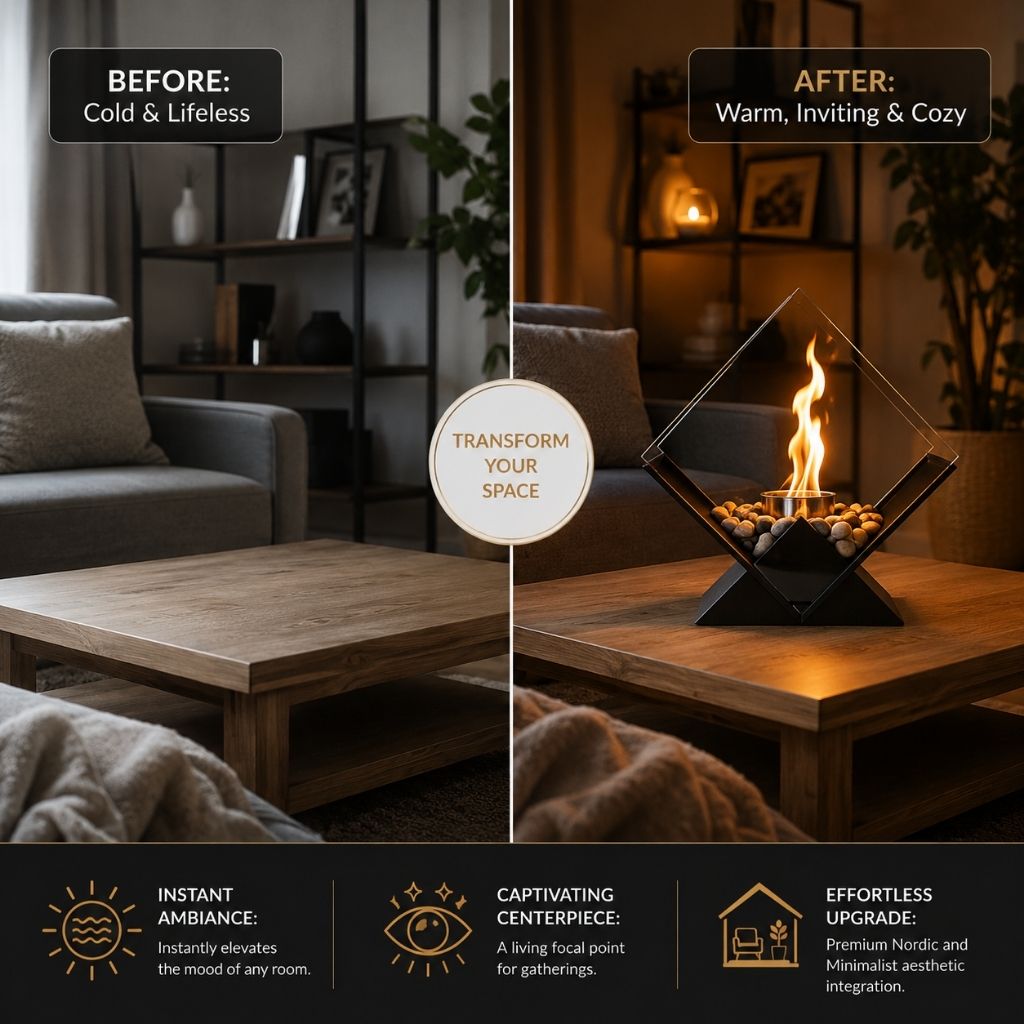 Bioethanol Smokeless Tabletop Fire Pit with Glass Pane, Decorative Indoor and Outdoor Table Fireplace for Atmospheric Heating | Sansoti