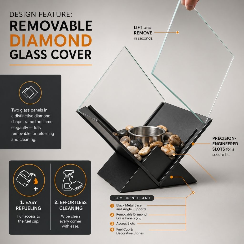 Bioethanol Smokeless Tabletop Fire Pit with Glass Pane, Decorative Indoor and Outdoor Table Fireplace for Atmospheric Heating | Sansoti