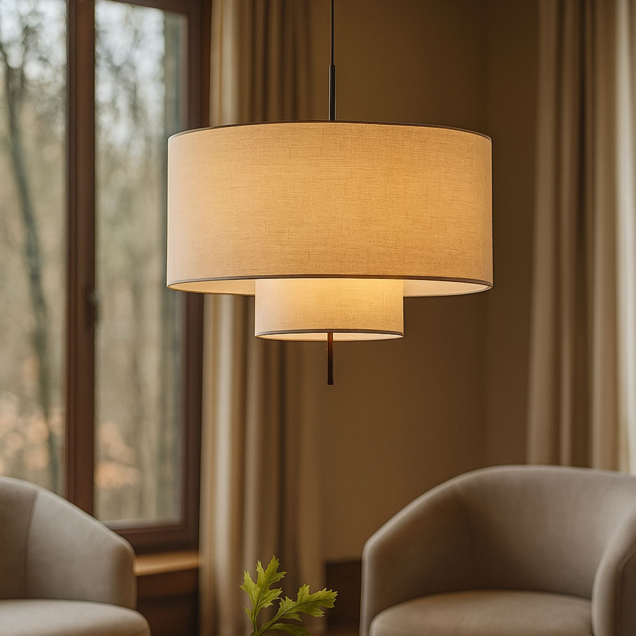 Hanglamp Cilinder Textiel Beige Dubbele Kap Modern Design | Sansoti