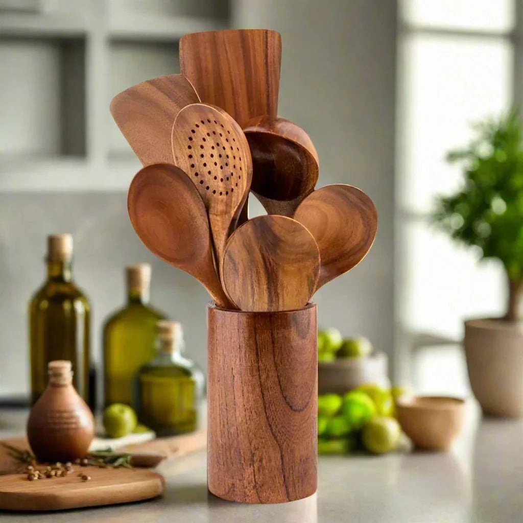 Teakhouten Keukengerei Set 4 tot 10-delig Duurzaam Antiaanbak Handgemaakt Hout Koken Spatel Lepel Serveren | Sansoti