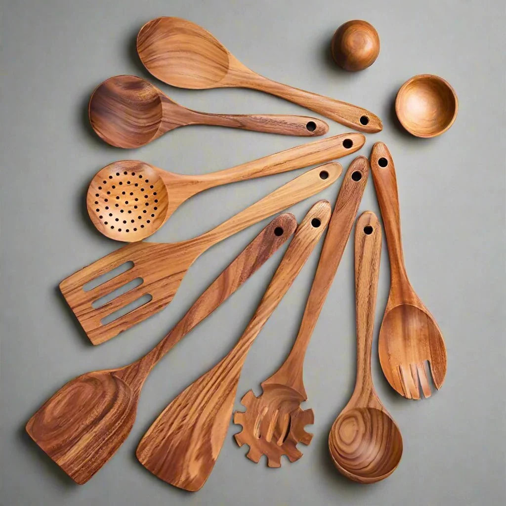 Teakhouten Keukengerei Set 4 tot 10-delig Duurzaam Antiaanbak Handgemaakt Hout Koken Spatel Lepel Serveren | Sansoti
