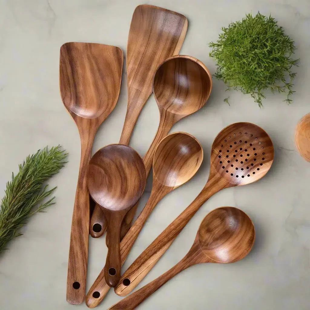 Teakhouten Keukengerei Set 4 tot 10-delig Duurzaam Antiaanbak Handgemaakt Hout Koken Spatel Lepel Serveren | Sansoti