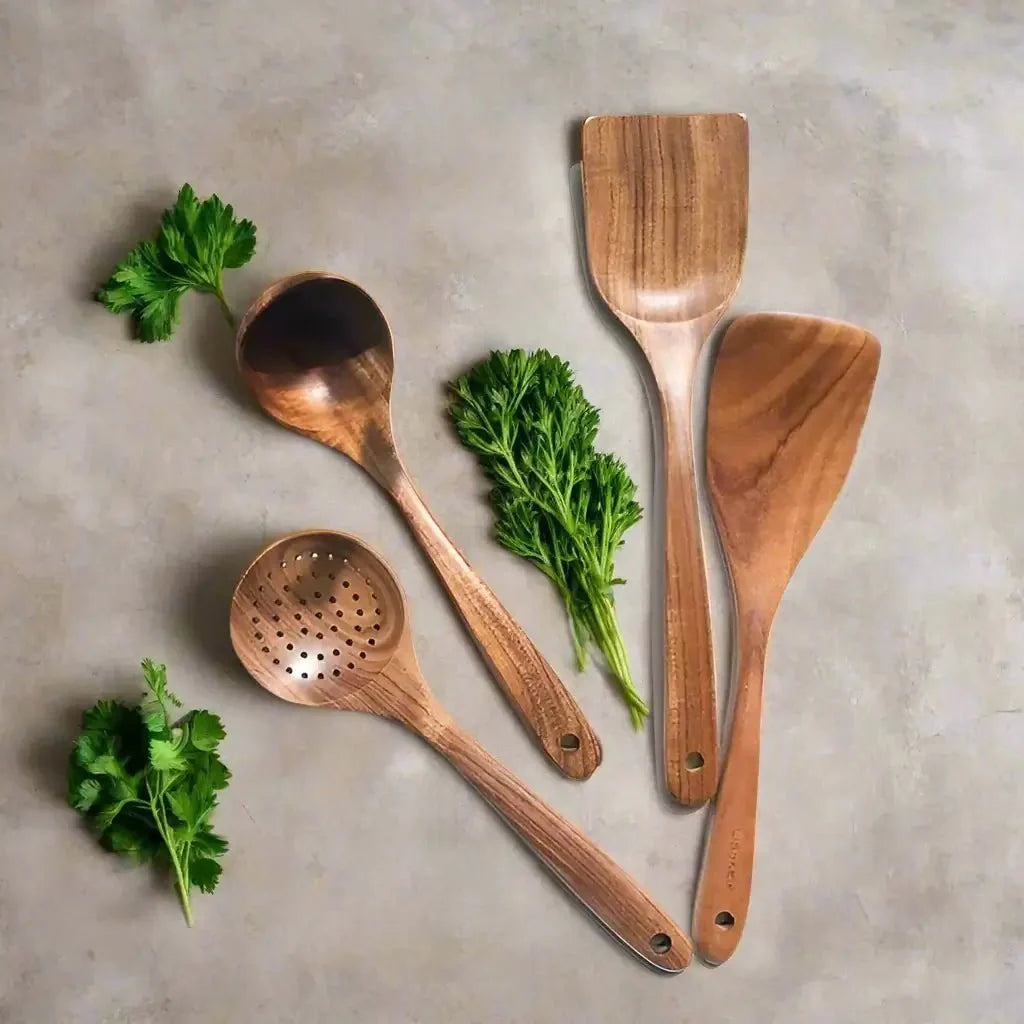 Teakhouten Keukengerei Set 4 tot 10-delig Duurzaam Antiaanbak Handgemaakt Hout Koken Spatel Lepel Serveren | Sansoti