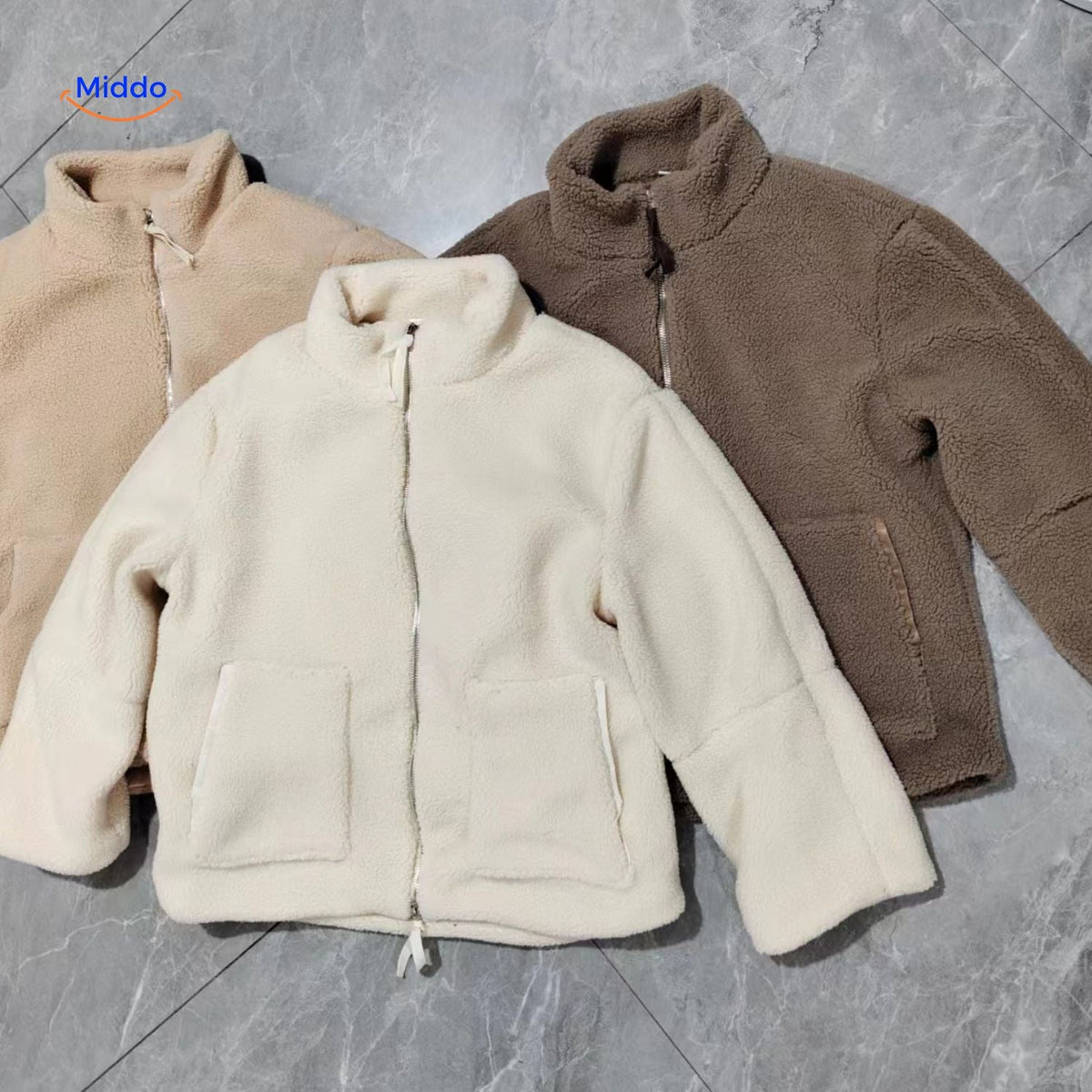 Manteau d’hiver teddy pour femme à col montant - Veste imitation laine d’agneau douce - Beige marron kaki - Modèle chaud pour l’hiver | Sansoti