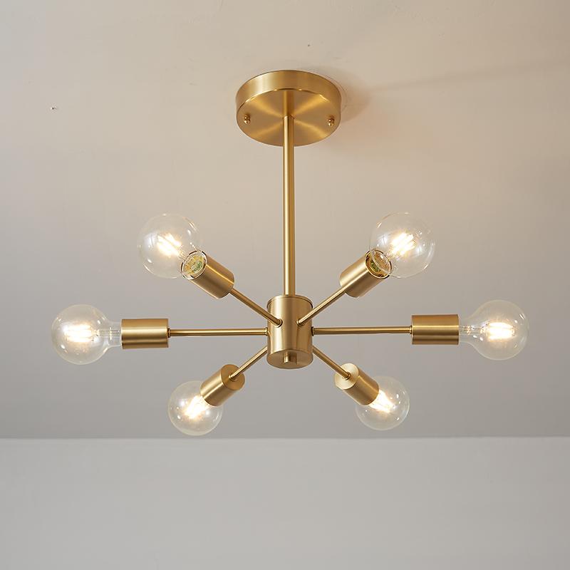 Moderne sputnik kroonluchter met 6 armen in messing – minimalistische design hanglamp zonder glazen kap | Sansoti