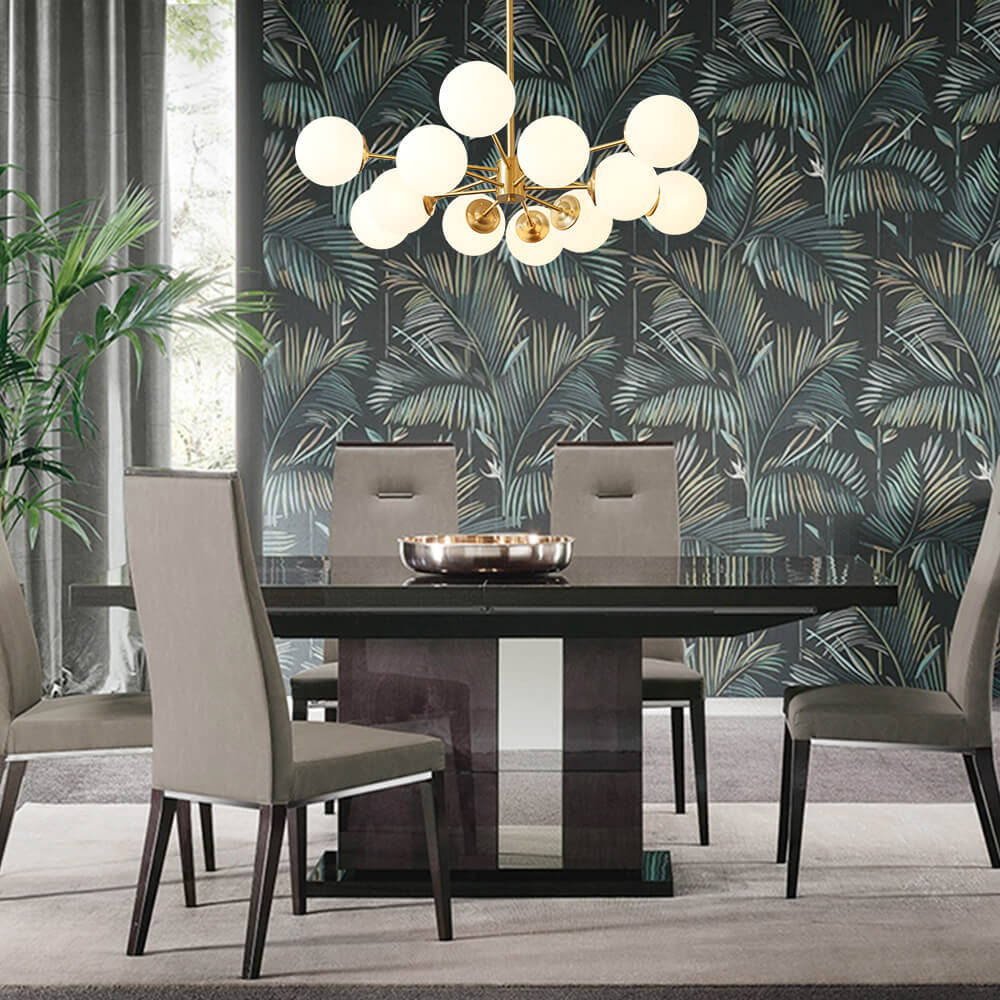 Moderne zweistöckige Sputnik Kronleuchter mit 12 Opalglas-Kugeln in Messing-Finish – Mid Century Design Pendelleuchte 90 cm | Restfield