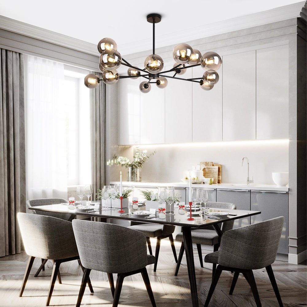 Moderne lineare Sputnik-Kronleuchter mit 15 Glaskugeln in Schwarz oder Messing – Design-Hängelampe 112 cm | Restfield