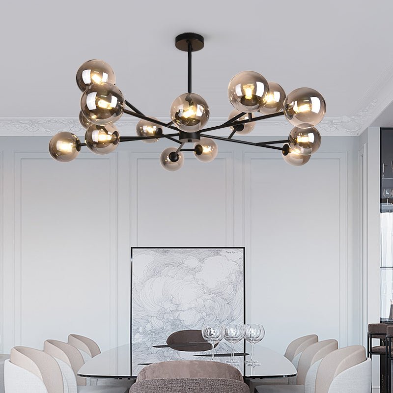 Moderne lineare Sputnik-Kronleuchter mit 15 Glaskugeln in Schwarz oder Messing – Design-Hängelampe 112 cm | Restfield