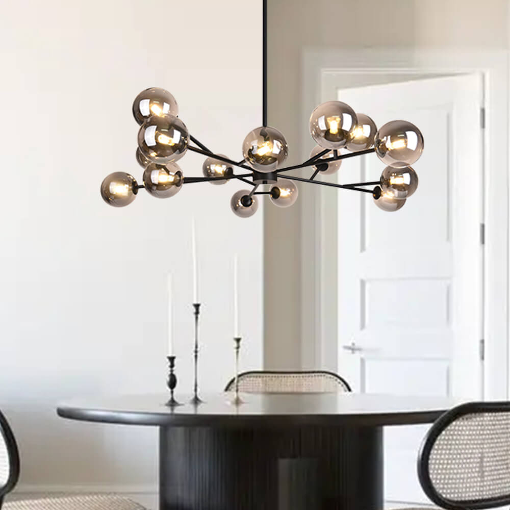 Moderne lineare Sputnik-Kronleuchter mit 15 Glaskugeln in Schwarz oder Messing – Design-Hängelampe 112 cm | Restfield