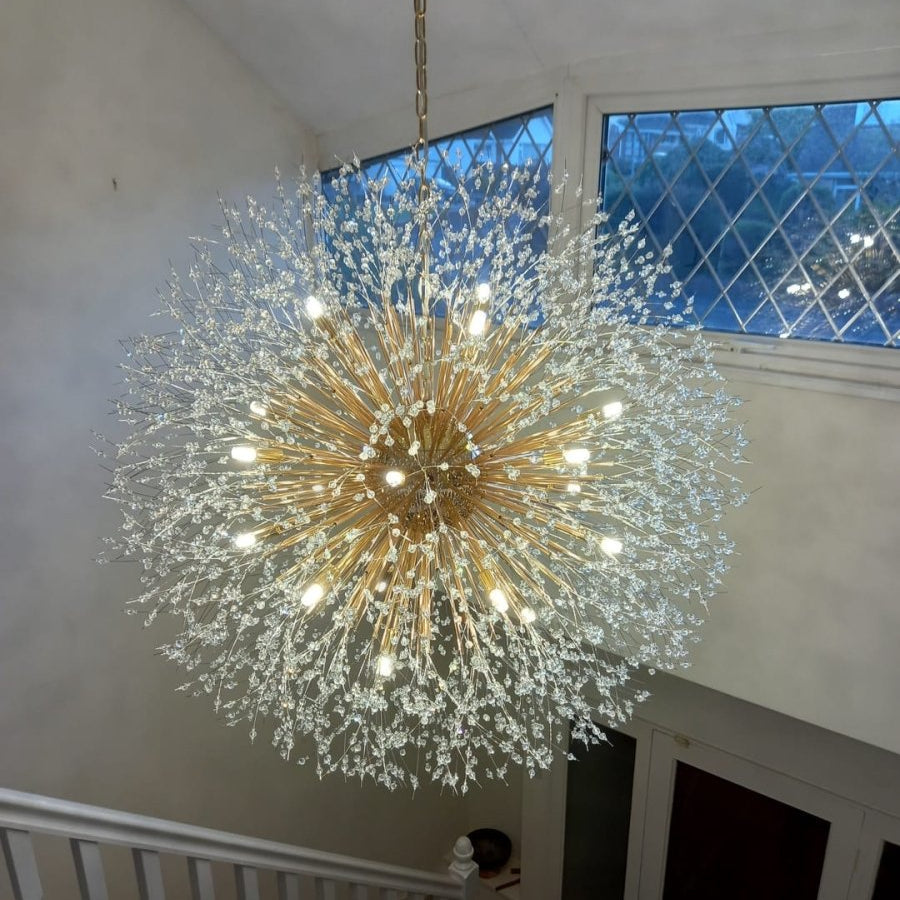 Großer Sputnik Kronleuchter mit Feuerwerk-Design und Kristalleffekt in Messing oder Chrom – luxuriöse Hängelampe 100 cm | Restfield