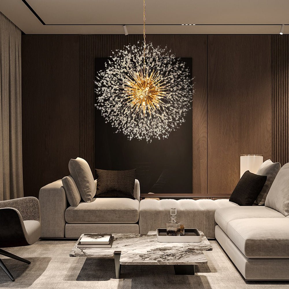Großer Sputnik Kronleuchter mit Feuerwerk-Design und Kristalleffekt in Messing oder Chrom – luxuriöse Hängelampe 100 cm | Restfield