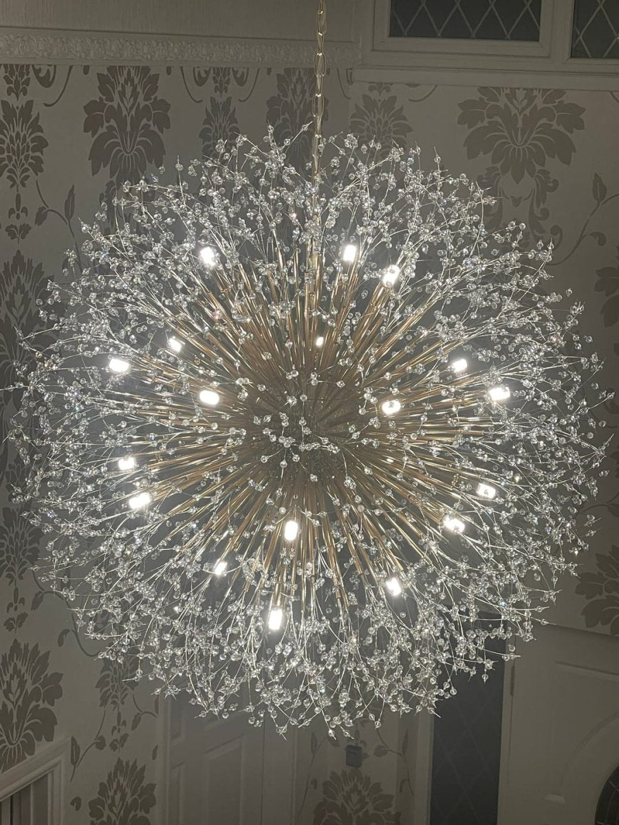 Großer Sputnik Kronleuchter mit Feuerwerk-Design und Kristalleffekt in Messing oder Chrom – luxuriöse Hängelampe 100 cm | Restfield