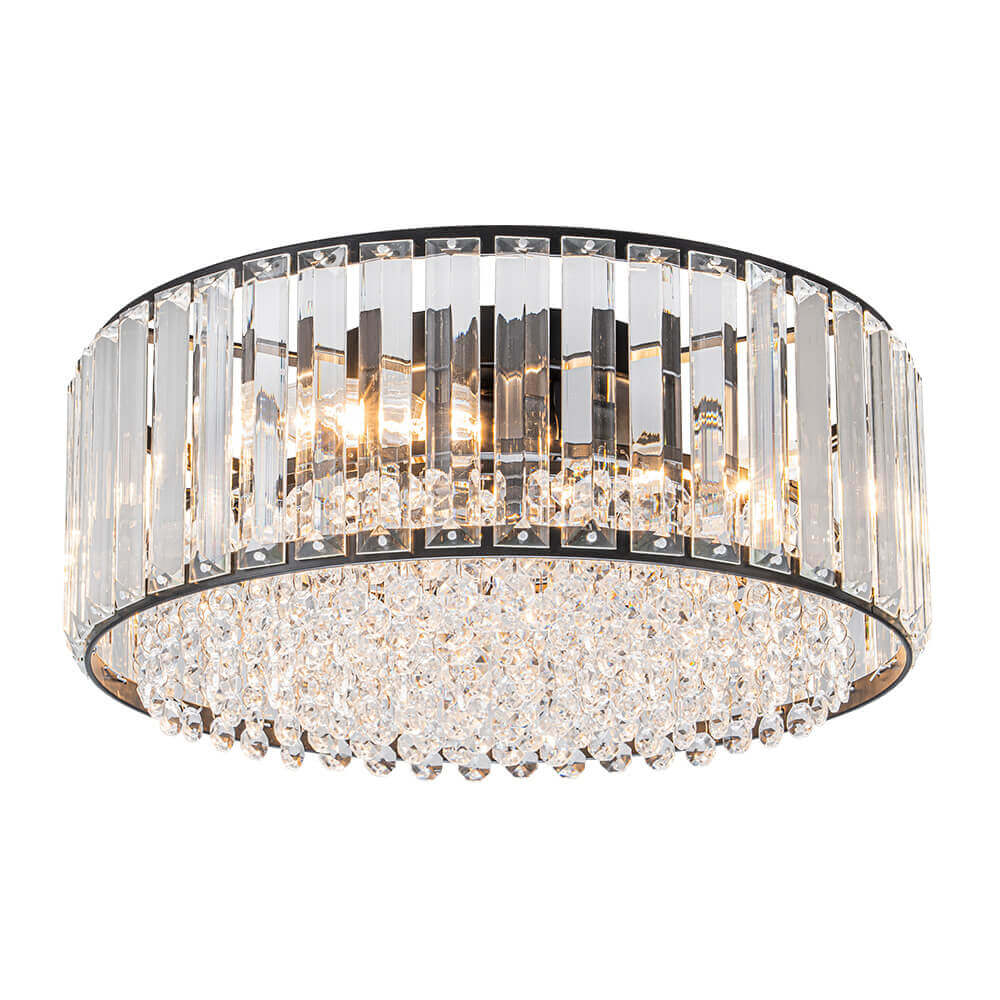 Plafonnier cristal rond 3 lumières noir chrome dimmable 35cm Salon Chambre Moderne