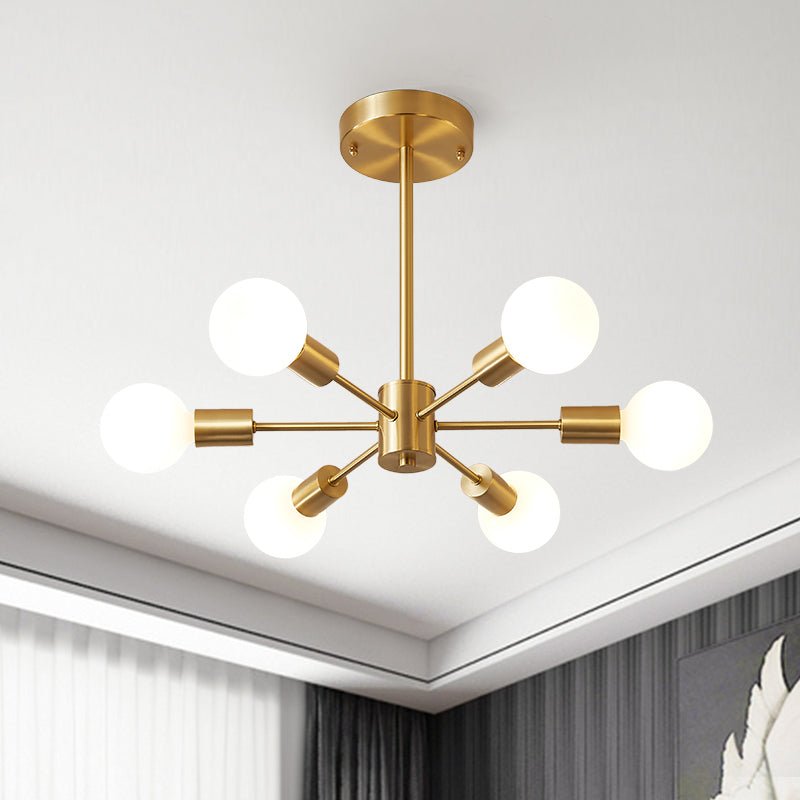 Moderne sputnik kroonluchter met 6 armen in messing – minimalistische design hanglamp zonder glazen kap | Sansoti